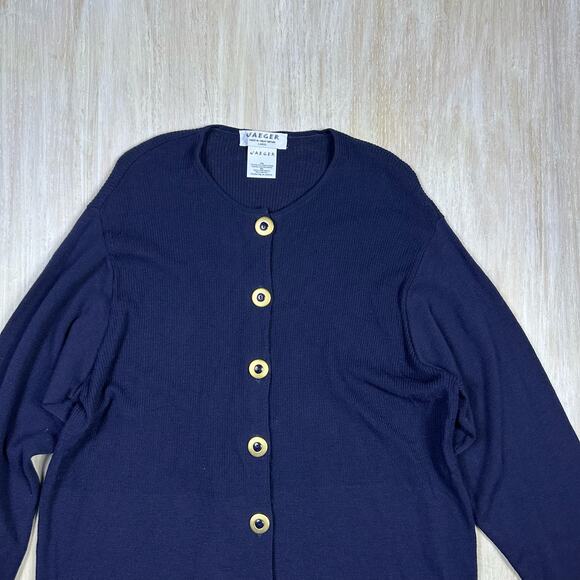 Vintage Jaeger Wool Blend Button Front Navy Classic Cardigan Sweater Large - Picture 2 of 13
